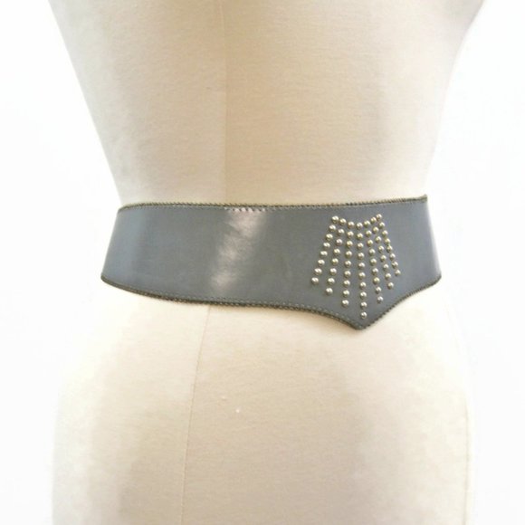 Vintage 80s Belt Wide Grey Leather Studded Brass Beads by Emmanuel S - M - Picture 2 of 5